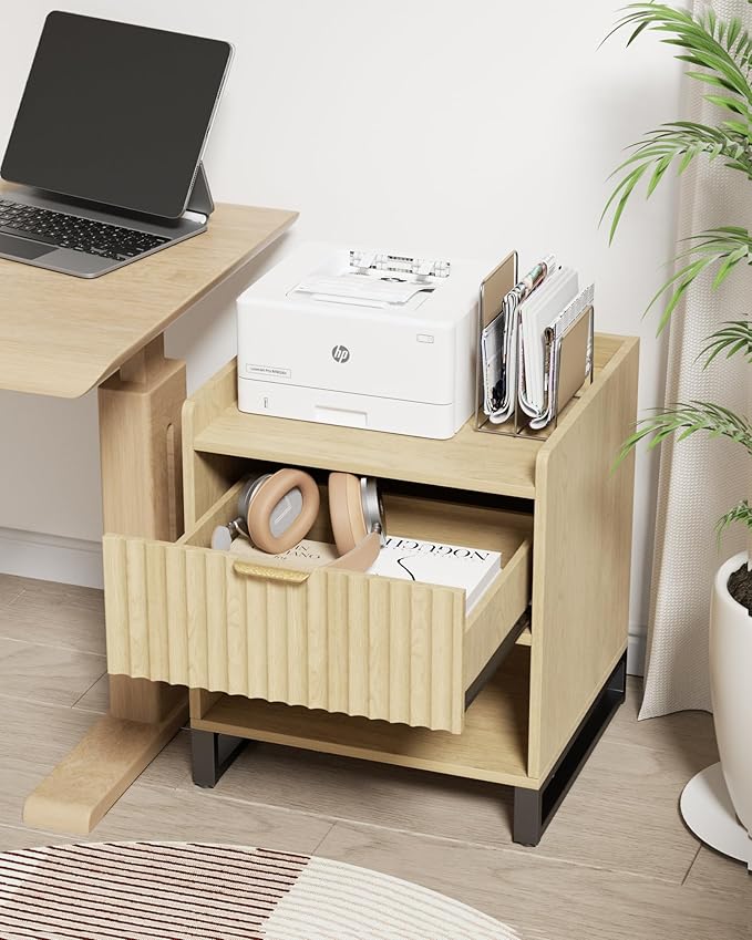 Fluted Night Stand with Charging Station, Wood Nightstand with Large Drawer and - Image 5