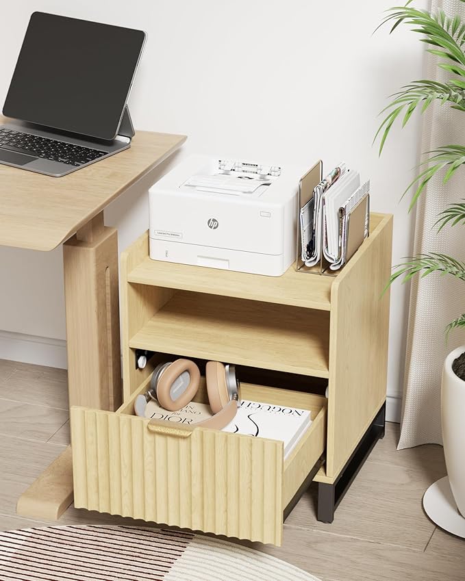 Fluted Night Stand with Charging Station, Wood Nightstand with Large Drawer and - Image 5