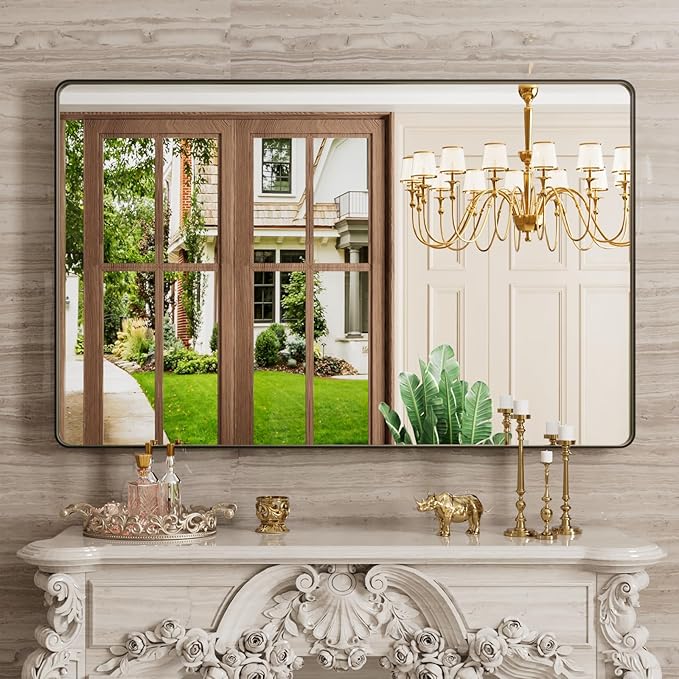 Black Bathroom Mirror 48X30 Inch, Rounded Rectangle Matte Bathroom Vanity Mirror - Image 8