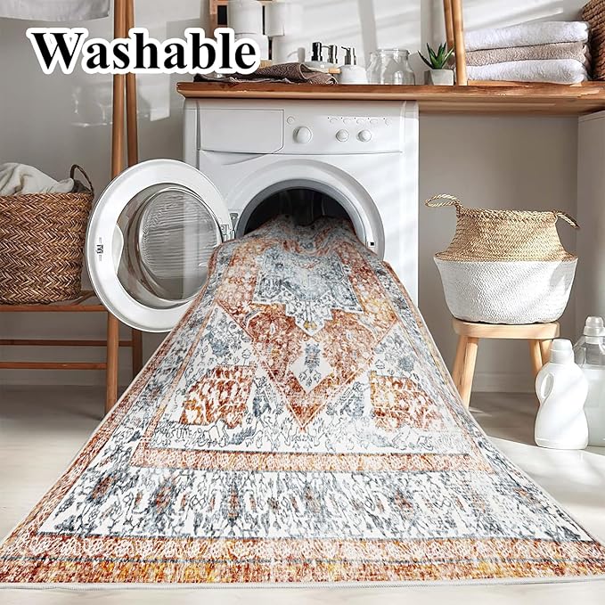 4x6 Washable Vintage Area Rug Tangerine Traditional Floor Cover Foldable Rug - Image 3