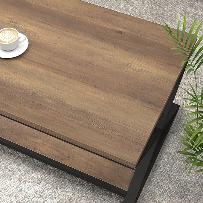 HSH Rustic Farmhouse Coffee Table, Modern Minimalist Wood and Metal Living Room - Image 5
