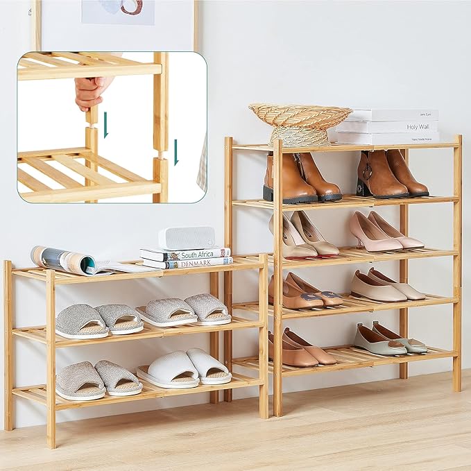 6-Tier Bamboo Shoe Rack for Entryway, Stackable | Foldable | Natural, Shoe - Image 6