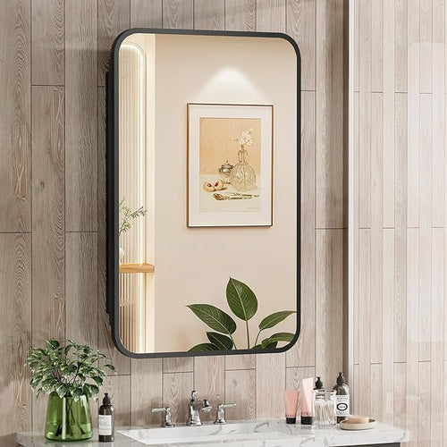 16x24 Inch Black Mirror Medicine Cabinet Metal Framed Recessed Wall Mounted by ACEMIRO