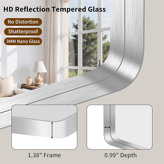 FORBATH 48x40 Inch Large Bathroom Mirror, Brushed Silver Deep Frame Wall Mirror - Image 7