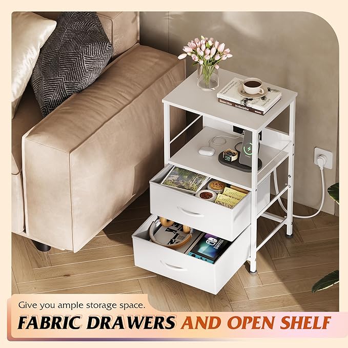 WLIVE White Night Stand with Charging Station, LED Nightstand with 2 Fabric - Image 6