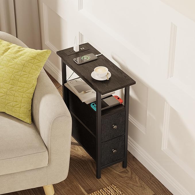 End Table with Charging Station, Narrow Side Table with 2 Fabric Drawers - Image 7