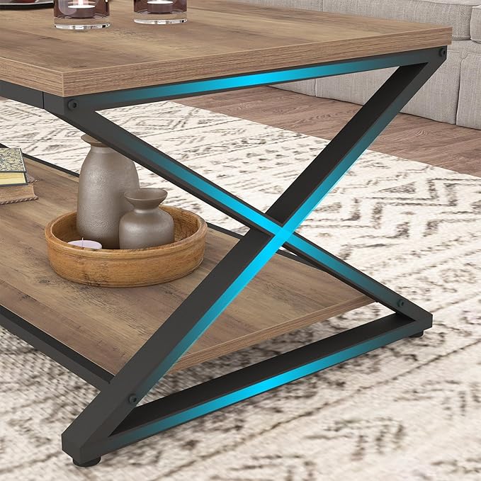 HSH Rustic Farmhouse Coffee Table, Modern Minimalist Wood and Metal Living Room - Image 7