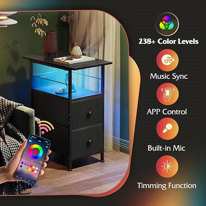 WLIVE Narrow Side Table with Charging Station, End Table with LED Light - Image 4