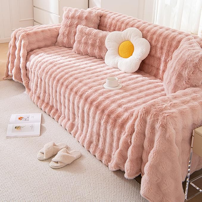 VM VOUGEMARKET Plush Couch Cover 1-Piece Thick Faux Rabbit Fur Sofa Throw Cover - Image 2