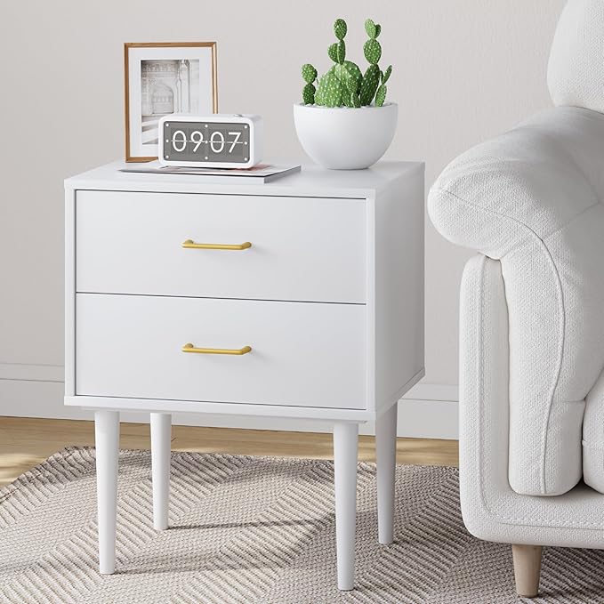 26 H White Nightstand with 2 Drawers, Small Night Stand with Gold Handles - Image 5