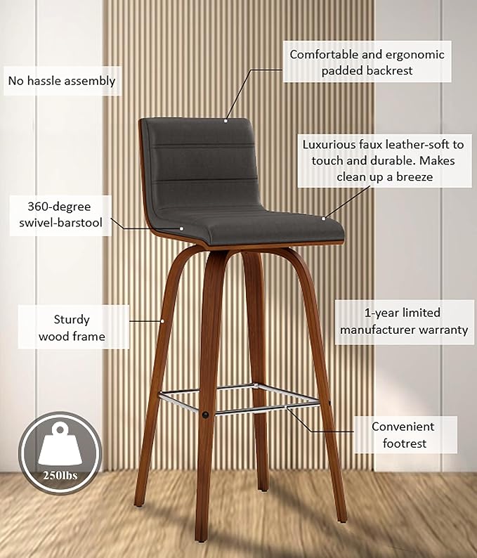 Armen Living Vienna Mid-Century Modern 30" Bar height Barstool Faux Leather - Image 14