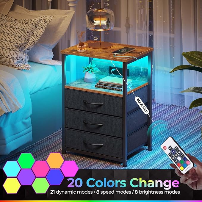 Seventable Nightstand with Charging Station and LED Light, Side Table with 3 - Image 4