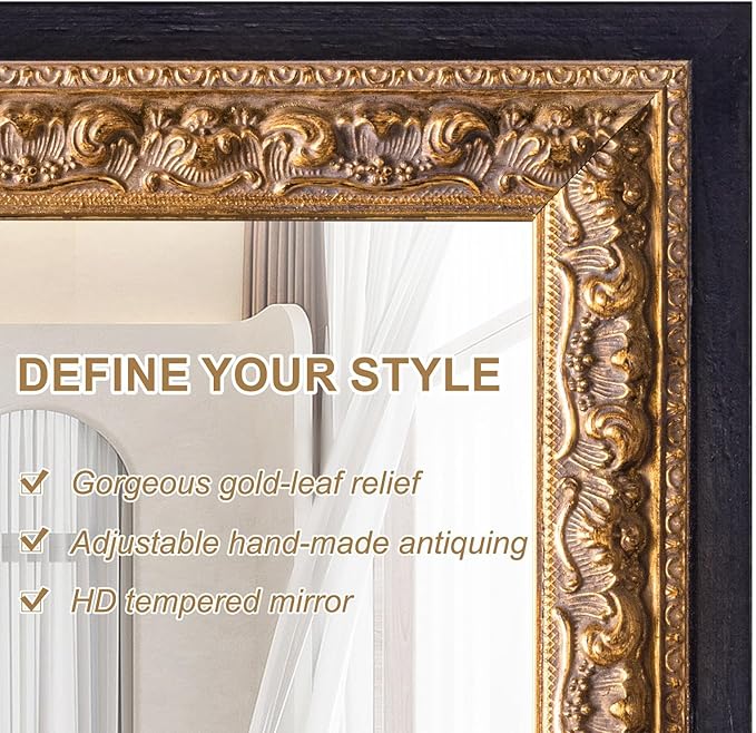 Vintage Gold Mirror 36”x24”, Antique Handmade Aging, - Image 3