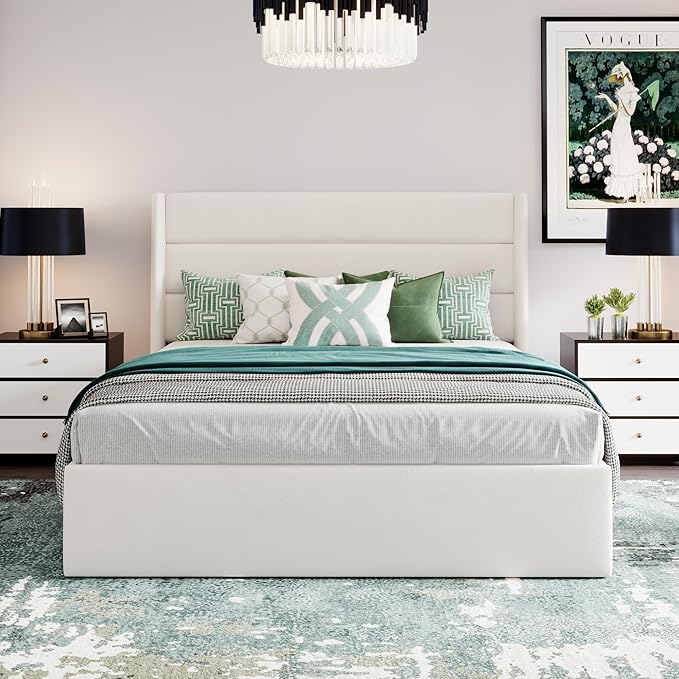 SHA CERLIN Queen Size Lift Up Storage Bed/Velvet Upholstered/Modern Wingback - Image 9