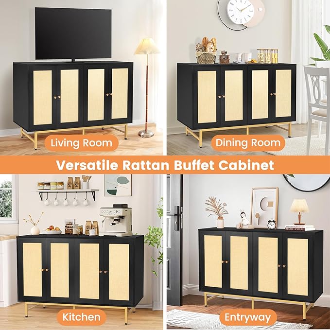 Sideboard Buffets Cabinet with 4 Rattan Doors, Large Storage Accent Cabinet - Image 6