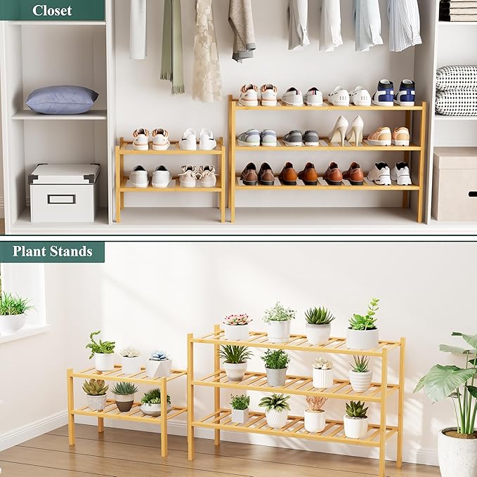Smiry Shoe Rack, 2 Tier Long Bamboo Shoe Organizer, Stackable Free Standing - Image 7