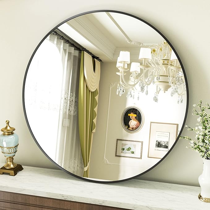 Round Mirror 36" Black Wall Mounted Circle Mirrors Vanity Mirror by VooBang