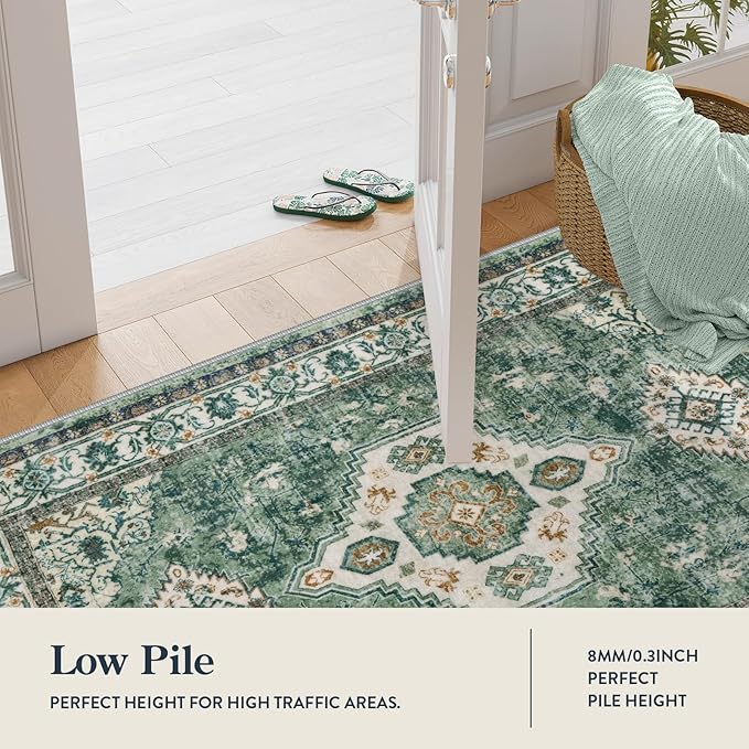 Lahome Oriental Machine Washable Rug, 3x5 Soft Green Rugs - Image 2