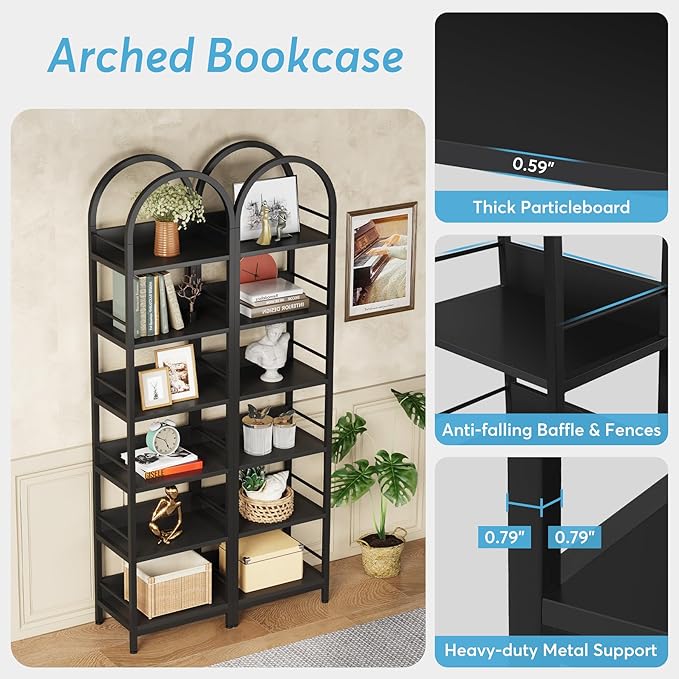 LITTLE TREE 6-Tier Open Bookshelf, 78.7" Tall Arched Bookcase, Freestanding - Image 7