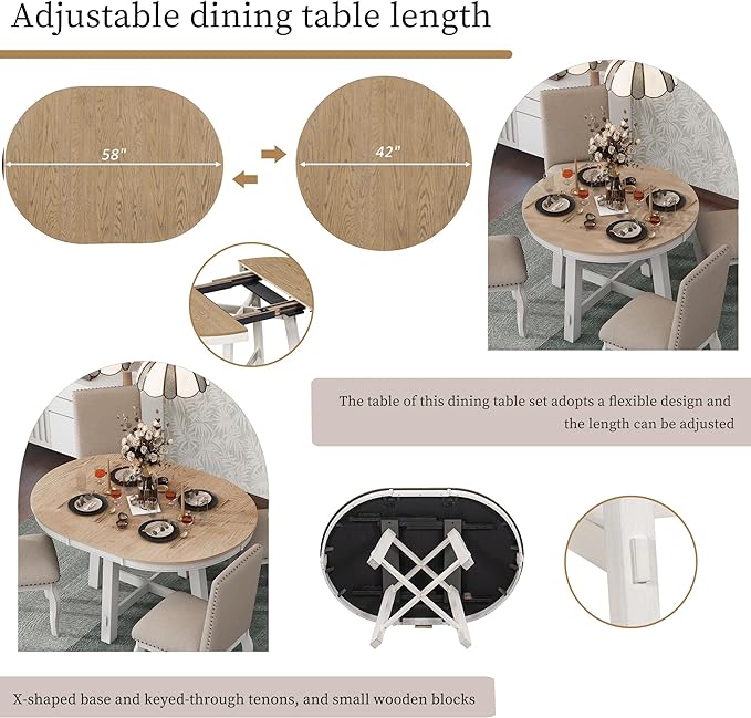 Farmhouse Round Dining Table for 4, Extendable Circle to Oval Wooden Tabletop - Image 4