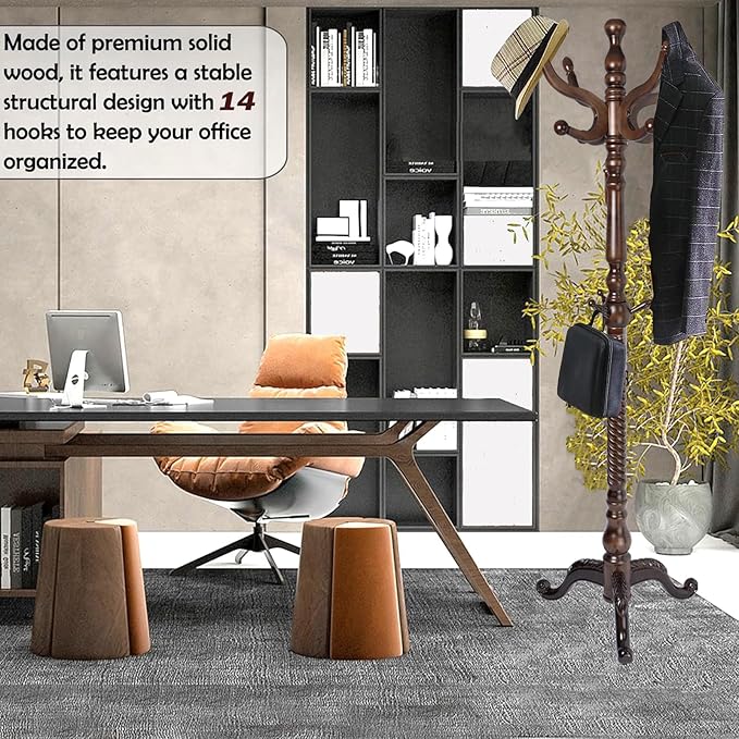 Coat Racks Free Standing with 14 Hooks, Natural Wood Coat Stands - Image 3