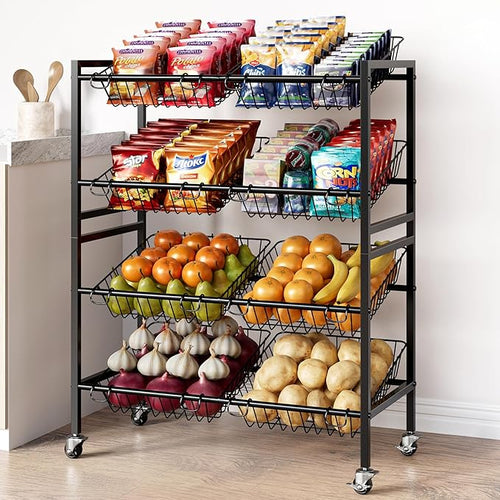 25.2''W Kitchen Storage Cart, Rolling Snack Cart, 4 Tier Fruit Basket Stand by Evermagin