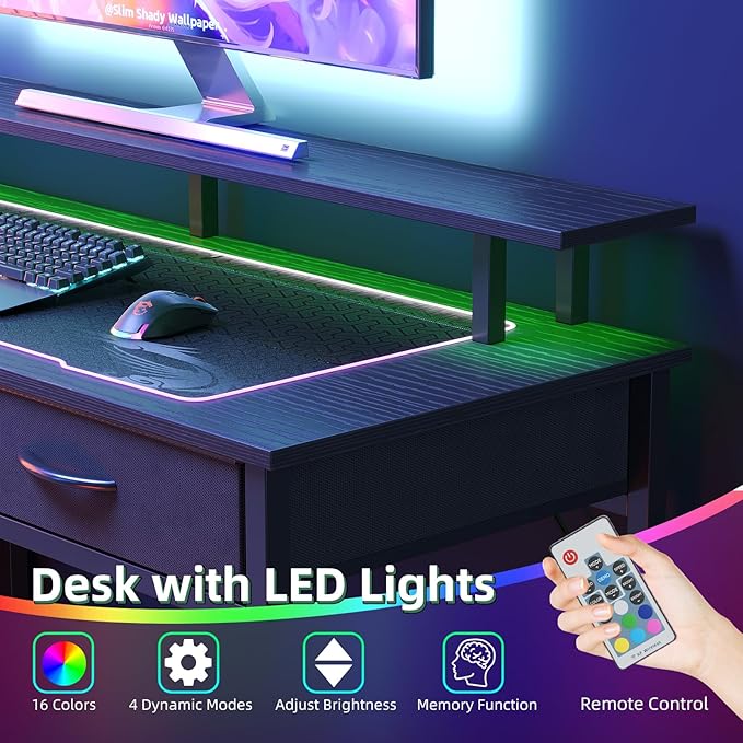 Computer Desk with 5 Drawers, Gaming Desk with LED Lights Power Outlets and - Image 6