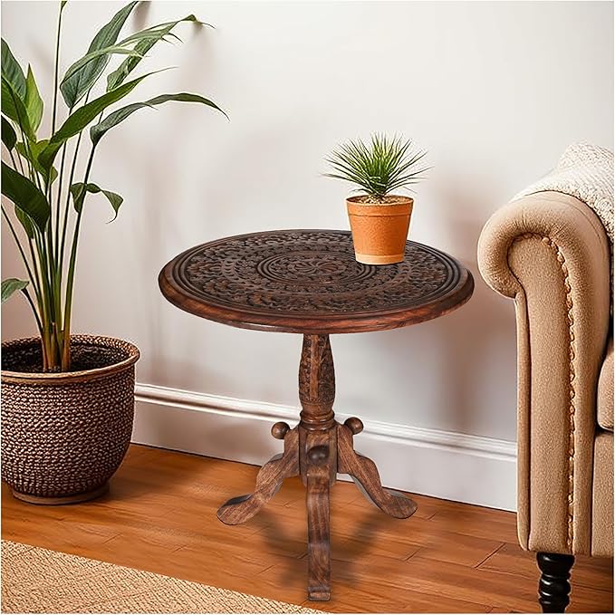 The Wooden Town Handcrafted Carved Round Side Table – 18x21 Inch Coffee Table - Image 9