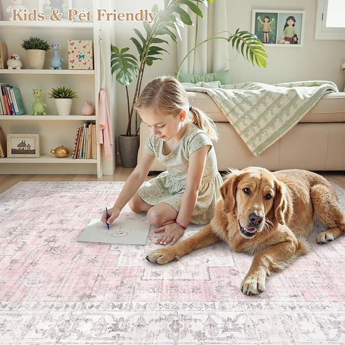 LIVEBOX Pink 10x14 Area Rug for Bedroom Girls, Boho Washable Rugs for Living - Image 4