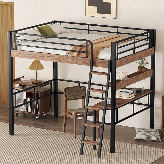 Metal Full Size Loft Bed with Built-in Desk, Storage Shelf and Ladder, - Image 7