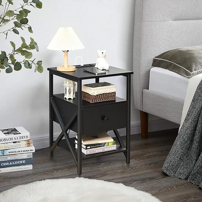 End Table with Wireless Charging Station, End Table with Wood Drawer, Night - Image 7