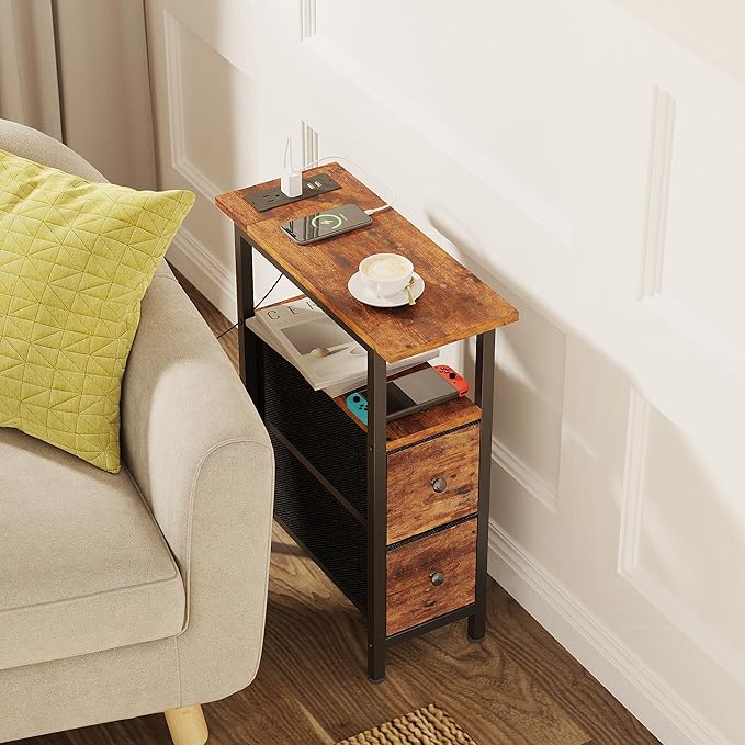 End Table Set 2 with Charging Station, Narrow Side Table with 2 Fabric Drawers - Image 7