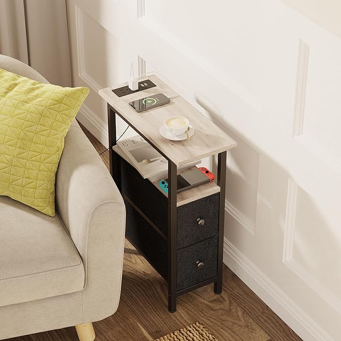 End Table with Charging Station, Narrow Side Table with 2 Fabric Drawers - Image 7