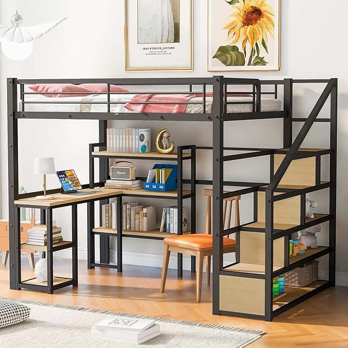Full Size Metal Loft Bed with Staircase, Full-Length Guardrails, a Built-in by Unknown