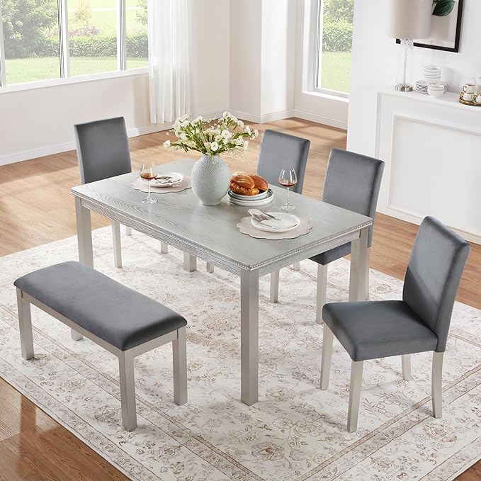 soges 6 Piece Wooden Dining Table Set, Wooden Dining Table - Image 2