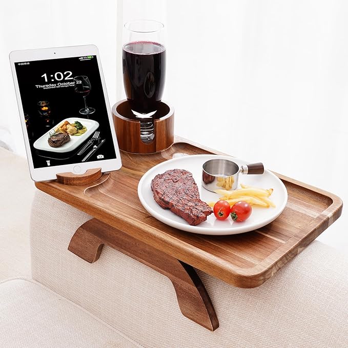 Nnewvante Couch Cup Holder Tray, 3 in 1 Large 15.36"x9.85" Acacia Wood Sofa Arm - Image 2
