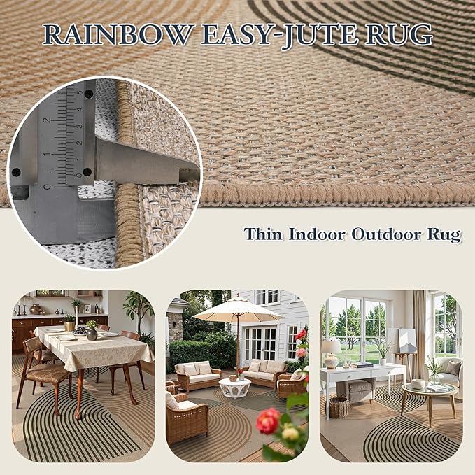Lahome Modern Rainbow Outdoor Easy Jute Rug, Area Rugs 9x12 Living Room Patio - Image 3