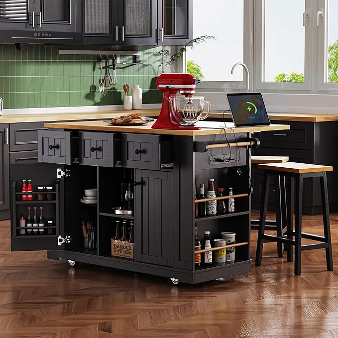 53" Large Kitchen Island with 2 Bar Stools, Power Outlet & Door Internal - Image 9
