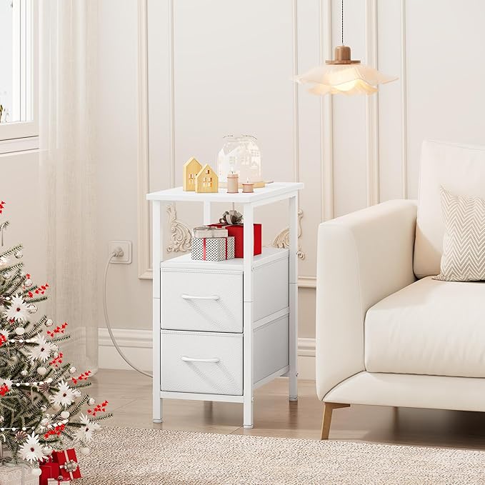 Vagusicc White End Table with Charging Station, Narrow Side Table, 23.8'' Tall - Image 2