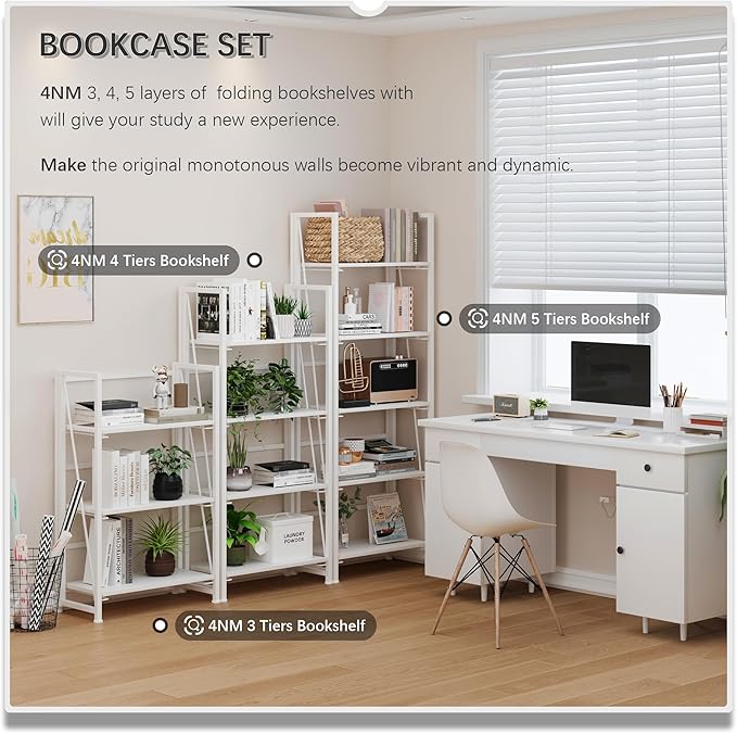 4NM No Assembly Folding Bookshelf, 5-Shelf 62.2" H Collapsible Foldable - Image 6