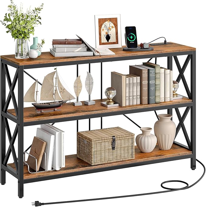47.2" Console Table with Charging Station, 3-Tier Entryway Table, Industrial - Image 9