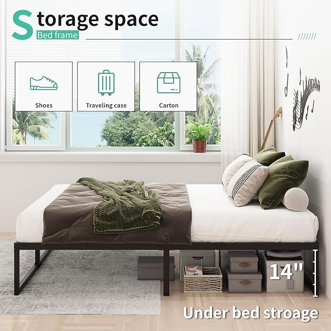 16 Inch Full Size Bed Frame No Box Spring Needed, Heavy Duty Metal Platform Beds - Image 3