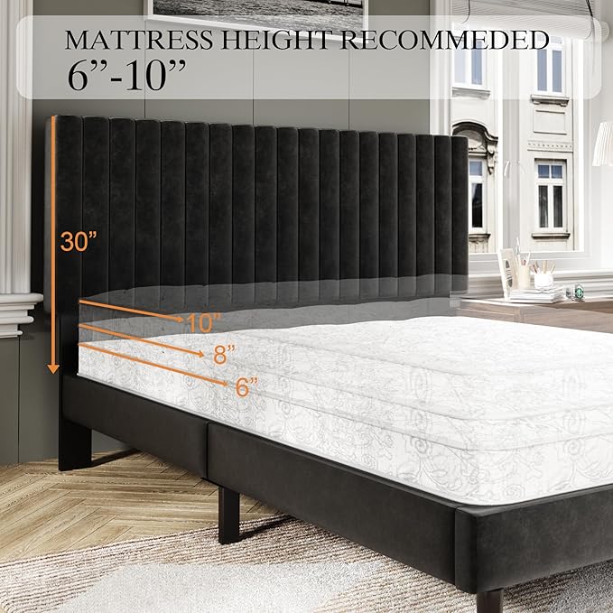 King Size Bed Frame with Velvet Upholstered Headboard, Platform Bed with Strong - Image 7