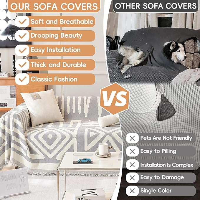 STACYPIK Boho Gray White Cream Sofa Cover Reversible Triangle Geometric Couch - Image 5
