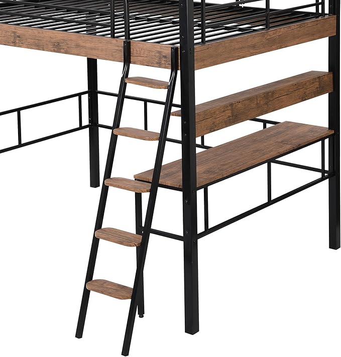 Metal Full Size Loft Bed with Built-in Desk, Storage Shelf and Ladder, - Image 6