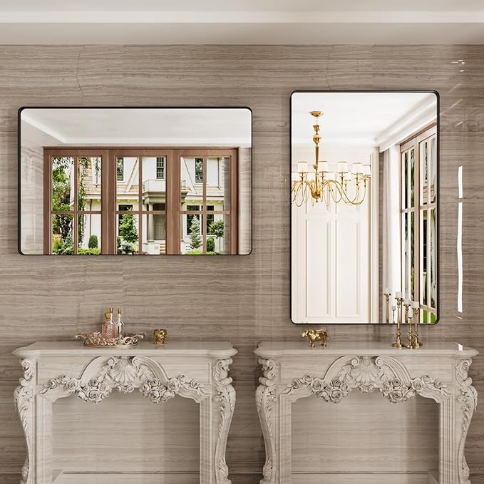 48X30 Inch Black Bathroom Mirror, Rounded Rectangle Matte Bathroom Vanity Mirror - Image 7