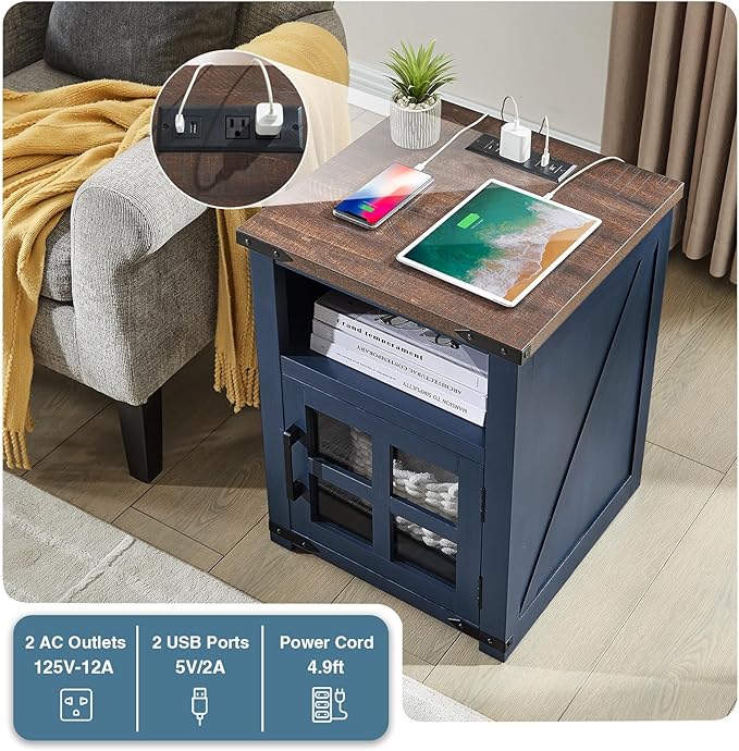 Farmhouse Nightstand with Charging Station, Rustic End Table with Tempered - Image 4
