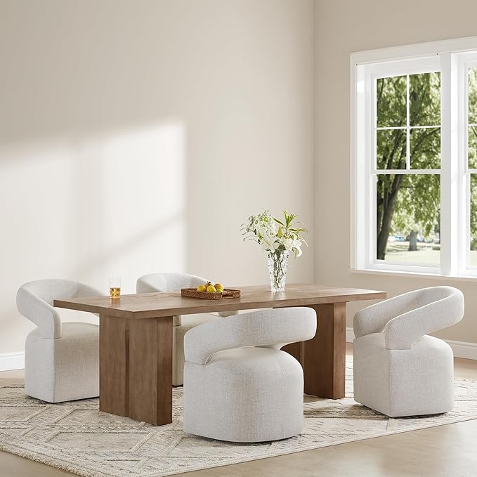 Upholstered Dining Chairs with Casters Modern Barrel Side Armchair with Rollers - Image 7
