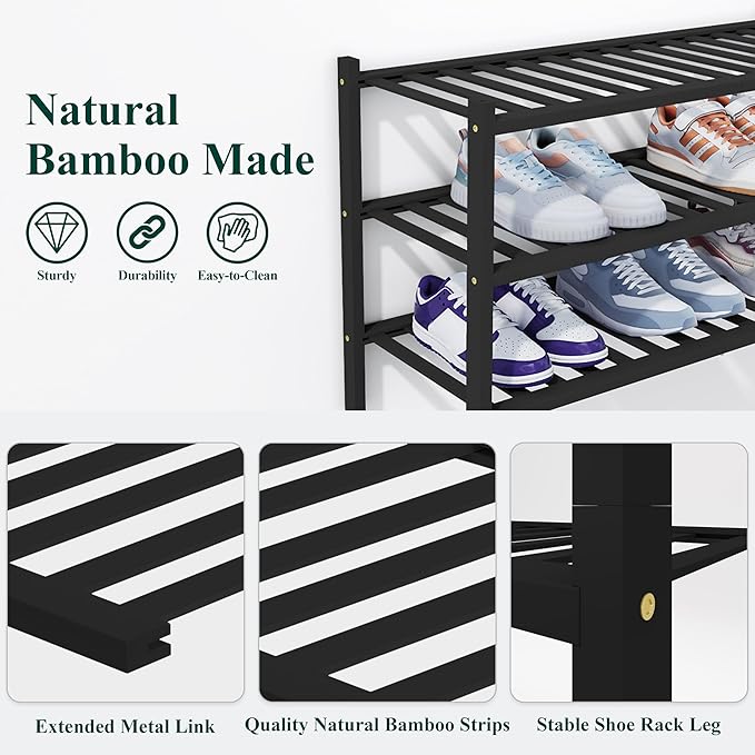 Smiry Shoe Rack, 3 Tier Thick Bamboo Shoe Organizer, Stackable Free Standing - Image 3