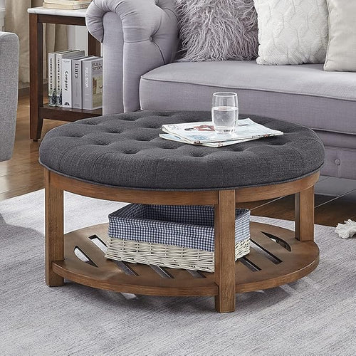 24KF Large Round Upholstered Tufted Linen Ottoman Coffee Table, Large Footrest by WEMARTHOMEDECOR